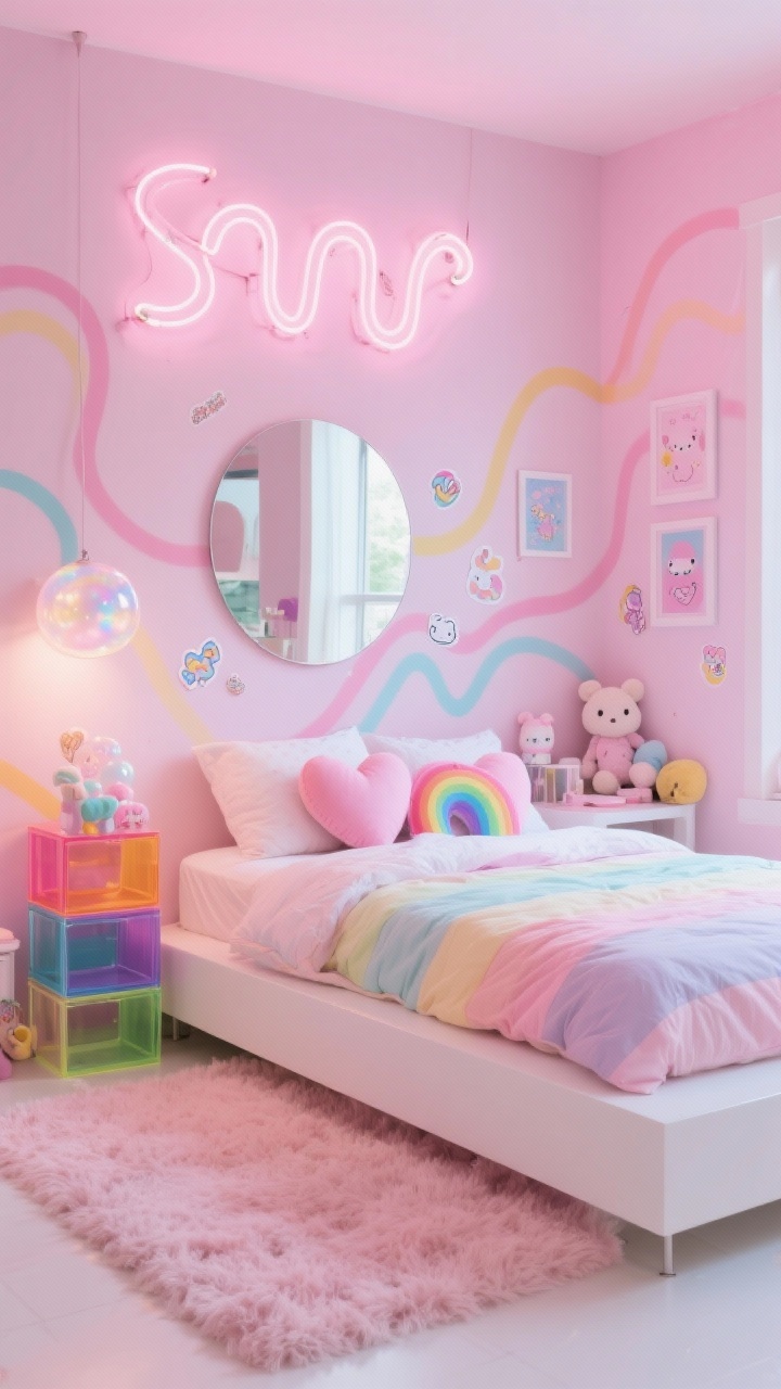 Wide shot, Kawaii Pastel Pop With Neon Squiggles: Cotton-candy walls with the faintest pink tint, white platform bed layered with pastel rainbow bedding, heart-shaped pillows, and a plush shag rug. Neon squiggle sign glowing above the bed, colorful acrylic storage cubes stacked playfully. Round bubble mirror on the wall, plushies and sticker-adorned accessories, mini gallery of cute prints. Bright, bubbly lighting.