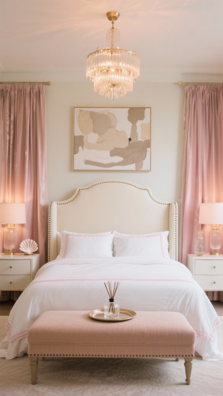 Wide shot, Luxe Retreat: hotel-inspired bedroom with tall cream wingback headboard, crisp white sheets with blush piping, matching nailhead nightstands; floor-length silky curtains; rose-beige benched ottoman at the foot; large neutral abstract art above; soft-glow chandelier casting warm champagne light; tray with glass carafe and scented reed diffuser on nightstand; palette shell pink, cream, champagne, warm taupe; photorealistic, serene luxury atmosphere.
