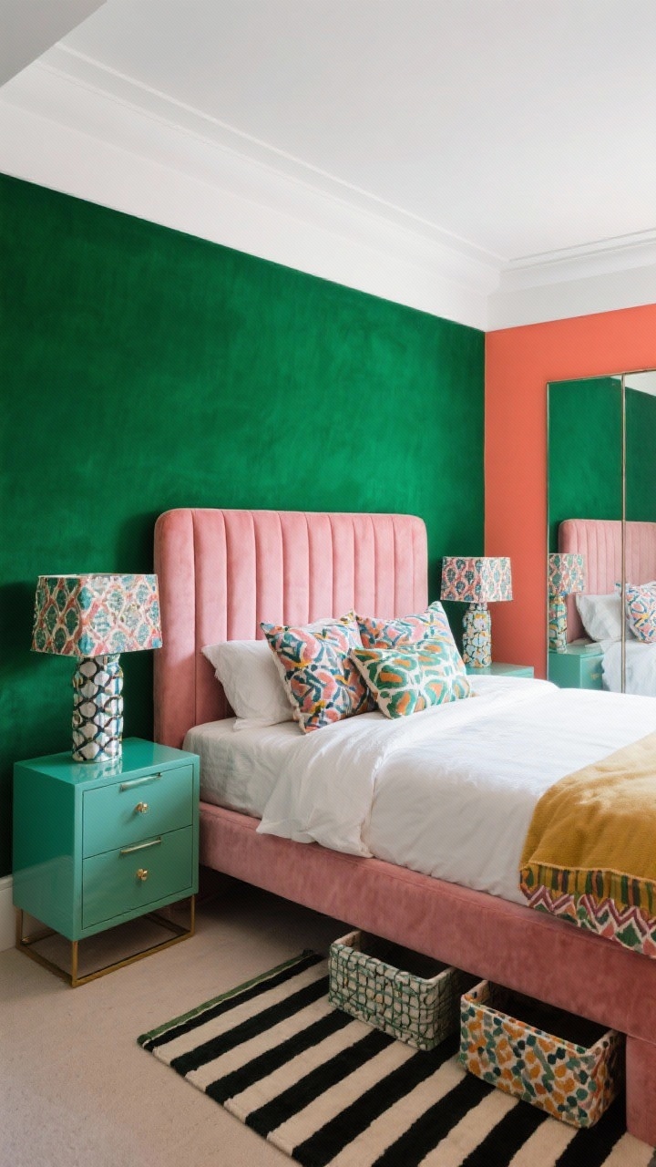 Wide shot, Maximalist Color-Block Jewel Box: bold emerald and coral color-blocked opposite walls with a white ceiling. Bed placed against the emerald wall, featuring a blush velvet channel headboard. Lacquered cube nightstands, patterned pillows, and a striped rug mixing prints confidently. Hidden storage hints: under-bed bins edge visible and a mirrored wardrobe reflecting light. Bright, punchy lighting.