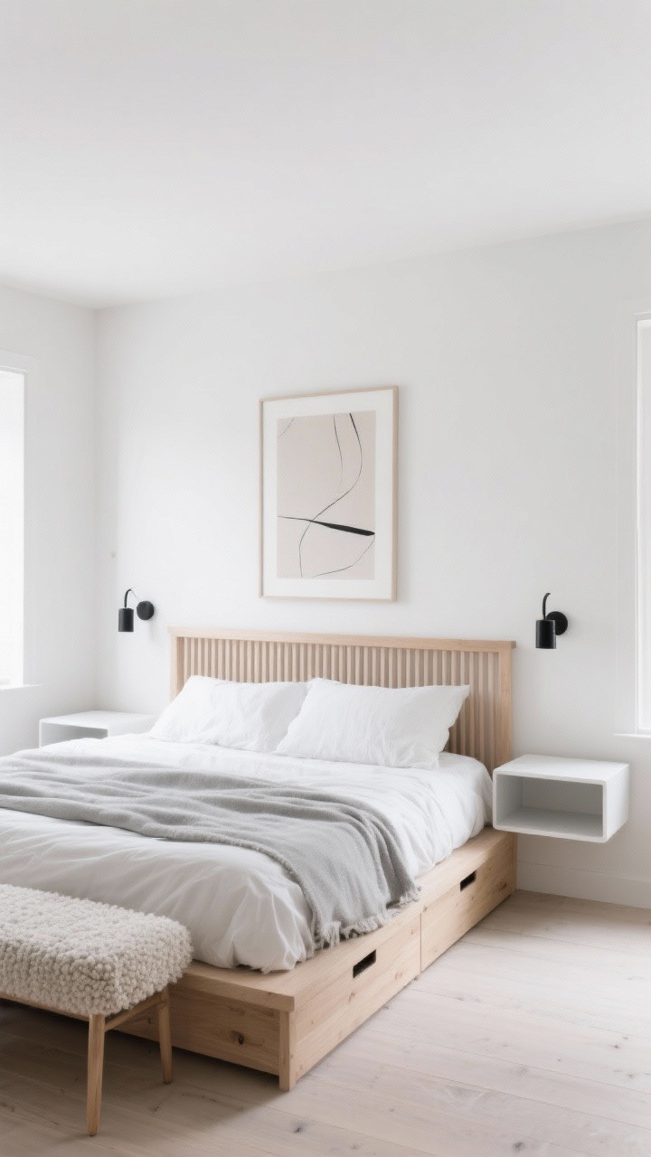 Wide shot, minimal composition: Scandinavian bedroom with a slatted light oak headboard and platform bed. Crisp, tonal bedding—white duvet, pale gray sheets, single textured throw. Floating nightstands keep surfaces clear; slender matte black sconces mounted above. A neutral abstract print centered over the headboard and a boucle bench at the foot. Under-bed drawers subtly visible. Palette: light oak, white, gray, matte black. Bright natural light, clean lines.
