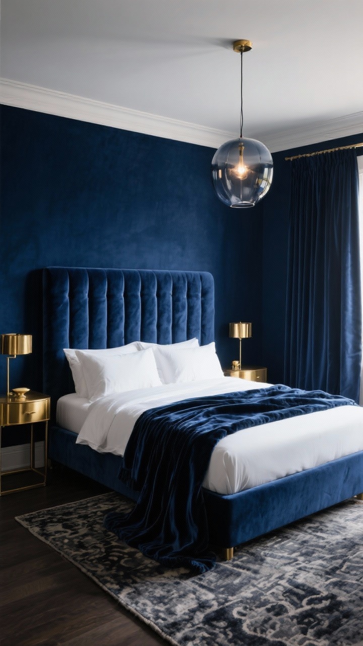 Wide shot, Moody Indigo & Velvet Luxe: Deep indigo walls, velvet channel-tufted headboard in midnight blue, golden brass nightstands. Crisp white bedding contrasted with a dark velvet throw. Velvet curtains pooling slightly, silky patterned rug in charcoal tones. Smoked glass pendant light casting a moody glow. Dramatic, luxe atmosphere with rich textures.