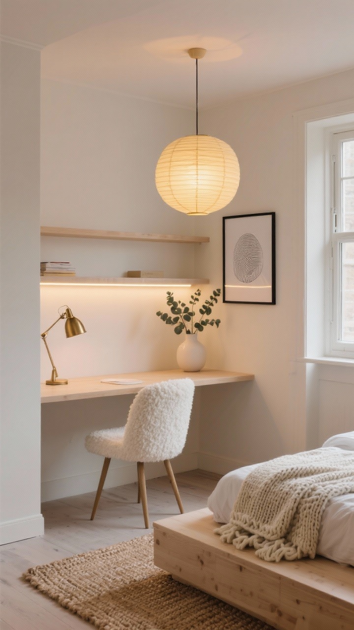 Wide shot, Nordic Glow Study Nook: a teen bedroom in soft creamy whites and pale wood, low-profile platform bed with chunky knit throw, compact desk with a white boucle chair, natural jute rug; lighting includes a matte brass task lamp on the desk, LED tape lighting under floating shelves, and a large paper lantern pendant diffusing a gentle golden glow; add a sprig of eucalyptus in a vase and black-framed minimalist art for balance, photorealistic, warm evening ambiance.