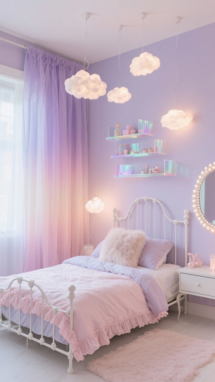 Wide shot, Pastel Dreamscape With Cloud Lights: Misty lavender walls with ombre curtains fading from dusty lilac to shell pink. White metal canopy bed dressed in pastel bedding and a sheer canopy, faux fur pillow and ruffled duvet. DIY cloud lights hanging from the ceiling, iridescent acrylic shelves displaying small trinkets, and a pearl-beaded mirror catching a magical glow. Soft, dreamy lighting, milky white accents.