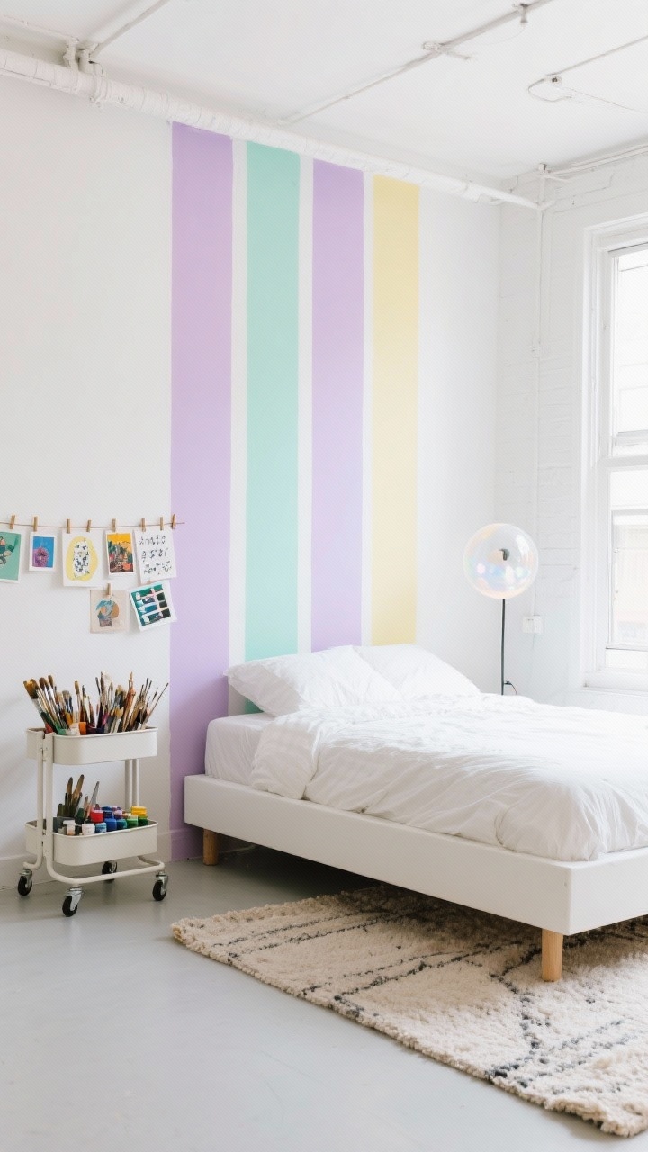 Wide shot, Pastel Pop Artist Loft: white walls with three pastel stripes—lavender, mint, and butter—painted behind the headboard. A simple white platform bed keeps focus on color. A rolling art cart filled with paints and brushes, a clip rail with rotating art prints, and a playful bubble lamp. Neutral rug grounds the scene. Bright, creative studio vibe with even daylight.