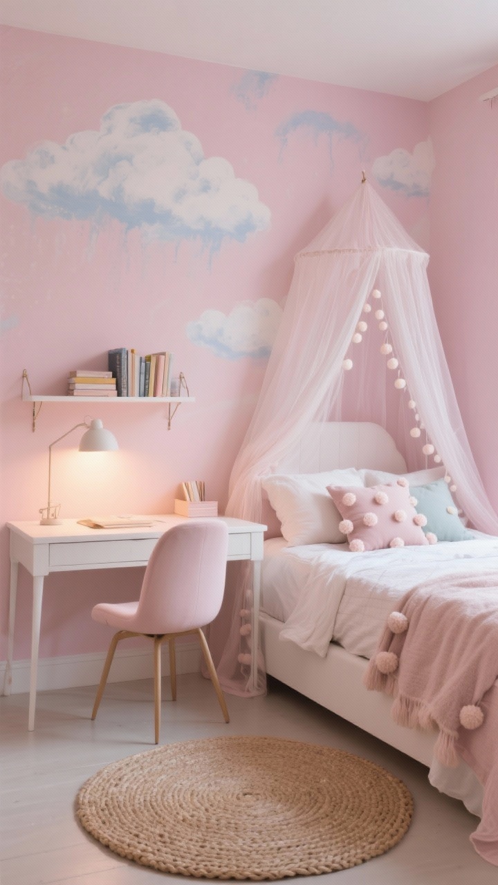 Wide shot: Pastel study cloud bedroom with whisper pink walls and a soft cloud mural above the bed created with sponged paint. White furniture, a pastel desk chair, and clip-on shelves holding books. A sheer canopy drapes over the bed with pom-pom throw pillows and a round braided rug below. Warm lamp light adds evening coziness. Photorealistic, airy and serene.