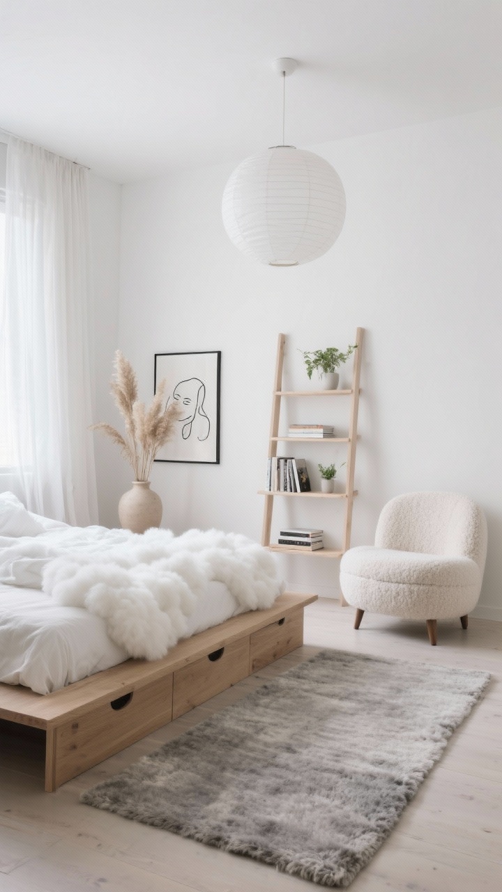 Wide shot, photorealistic Scandinavian Cloudcore bedroom: matte white walls, low-profile oak platform bed with built-in drawers, fluffy cloud-like white duvet, sheer linen curtains filtering daylight, rounded bouclé accent chair, pale wood ladder shelf holding a few books and small plants, large wool area rug in fog gray, simple white globe pendant centered overhead; accents include dried pampas in a ceramic vase and framed black line art; palette of white, oatmeal, fog gray; airy, serene mood.