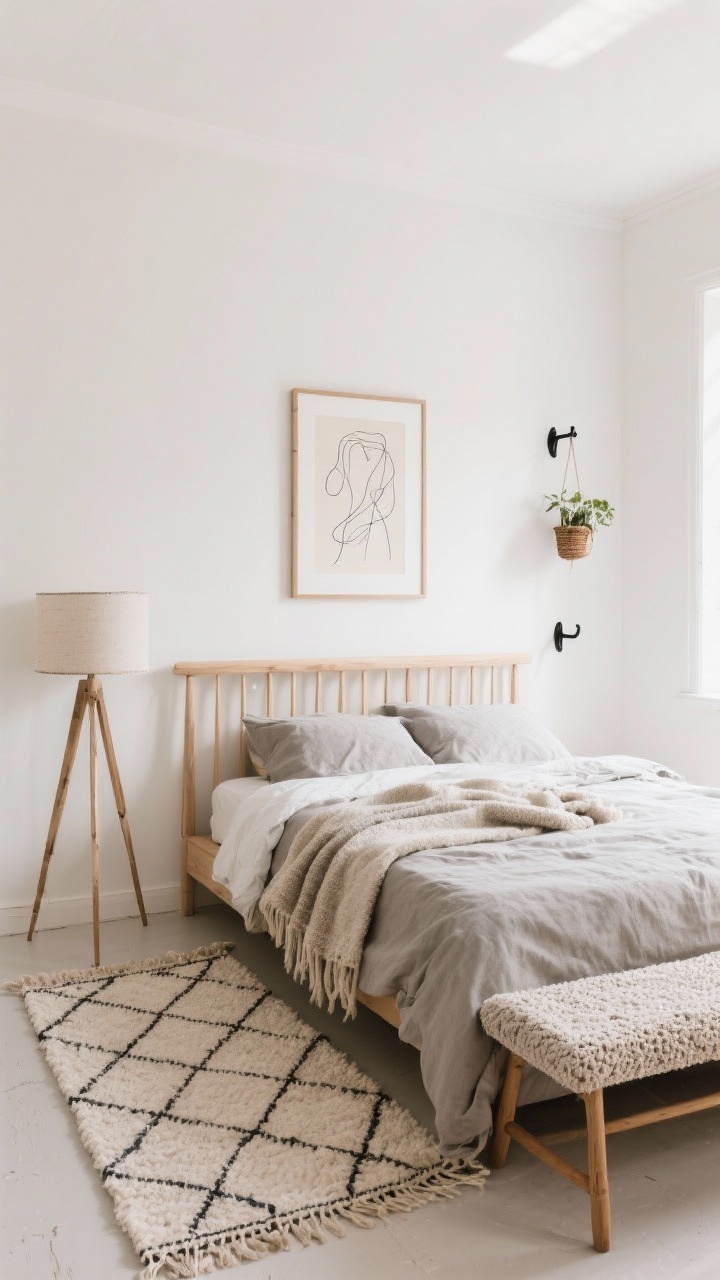 Wide shot: Scandi-boho calm oasis with warm white walls, a pale oak slat headboard, stone-colored linen bedding topped by a nubby wool throw, a light geometric flatweave rug, tripod wood lamp, oversized framed line art, a hanging planter, simple black hooks on the wall, and a bench with a boucle cushion; soft, diffuse daylight, minimal and serene.