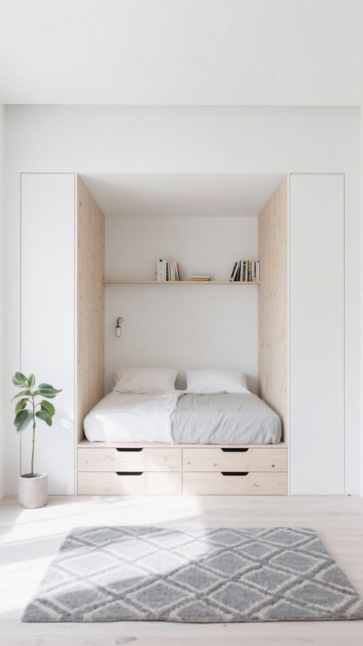 Wide shot, Scandinavian Built-In Bed Wall: a wall-to-wall niche in matte white with a twin bed centered and flanked by integrated wardrobes. Inside the niche, pale birch panels and a slim ledge holding books and a minimal sconce. Under-bed drawers replace a dresser, leaving the floor open. A soft gray geometric rug and a single leafy plant add life. Bright, clean daylight, ultra-functional feel.