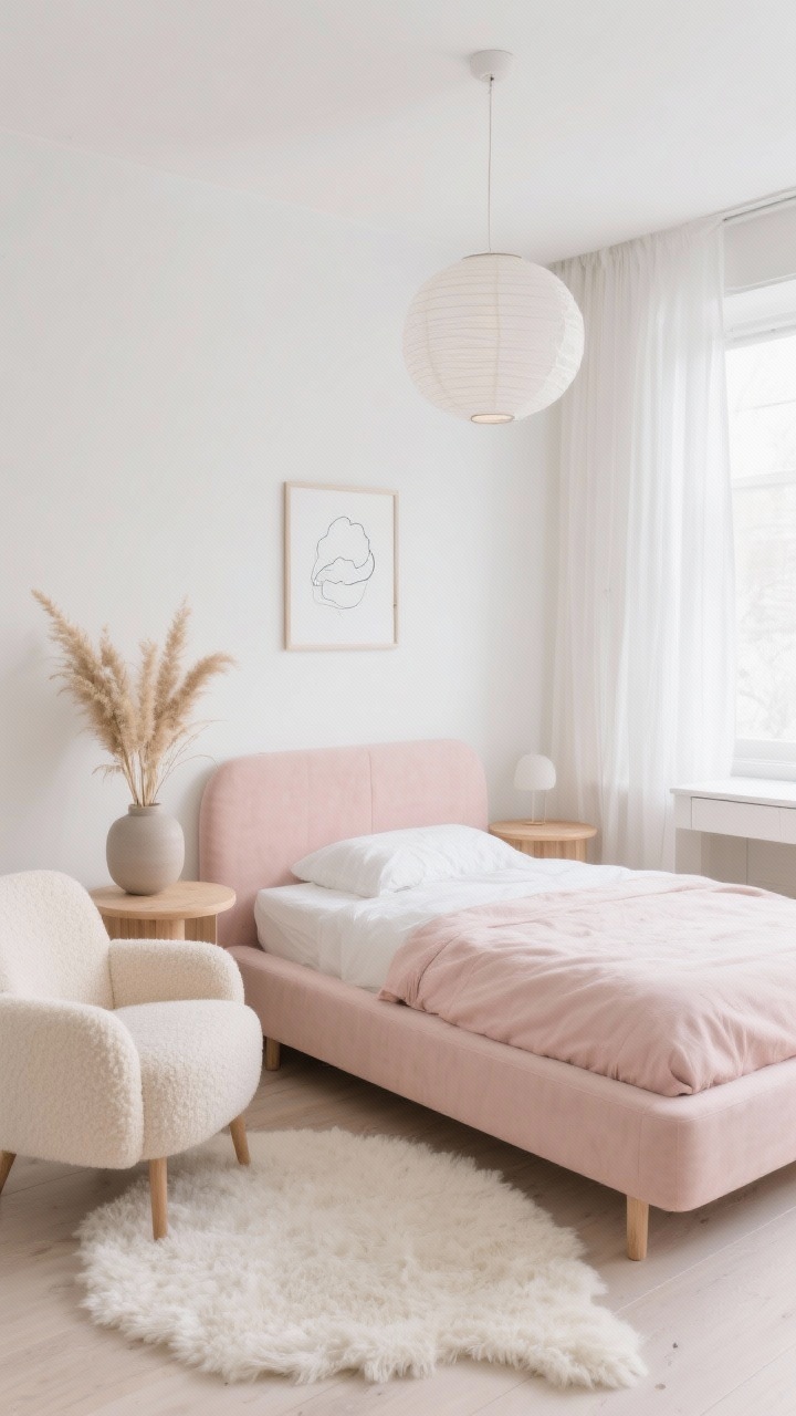 Wide shot, Scandinavian Cloud: a serene teen bedroom with white walls, a blush upholstered low platform bed, and pale birch wood rounded-edge nightstands; cream boucle accent chair, ivory shag rug, and gauzy sheer curtains diffusing daylight; minimal decor including a dried pampas grass arrangement in a matte ceramic vase, a paper lantern pendant overhead, and a slim white desk; finish with a simple framed line drawing above the bed; palette of soft blush, cloud white, birch, warm beige; photorealistic, soft natural light, calm Scandi vibe.