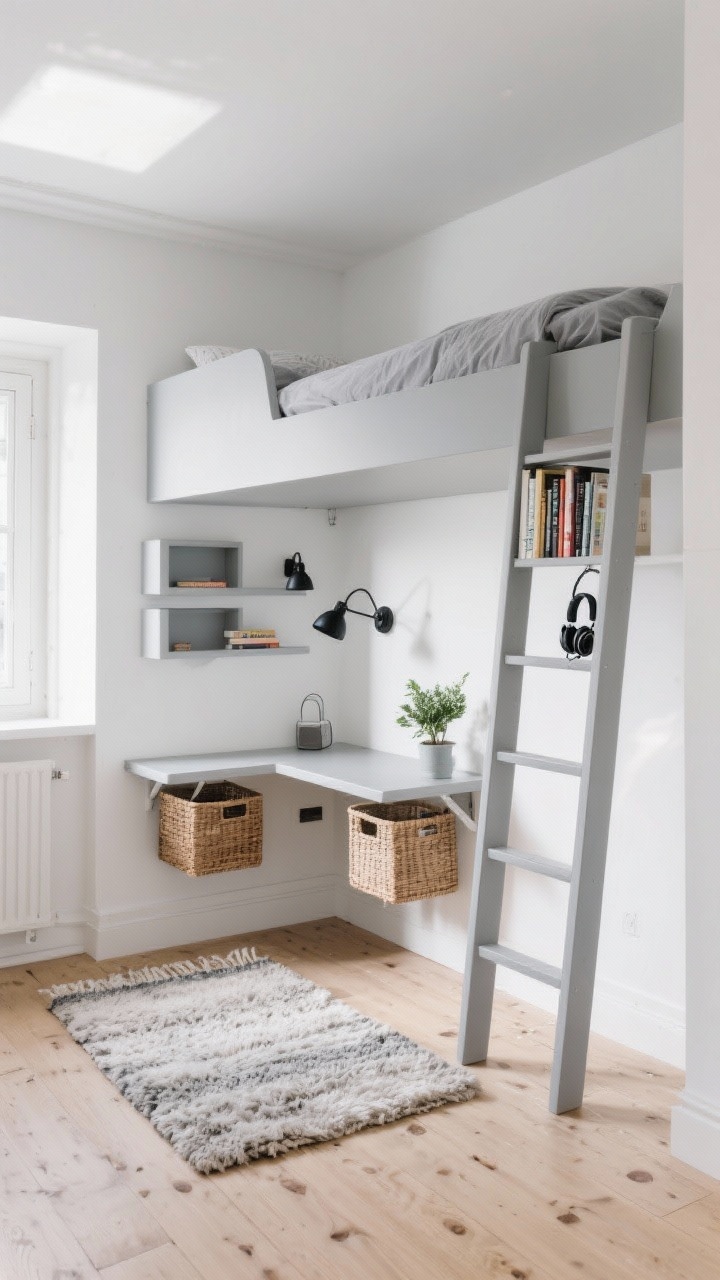 Wide shot, Scandinavian teen loft nook: pale oak floors, crisp white walls, soft gray loft bed with clean lines; under-bed floating desk on wall brackets with baskets tucked beneath; slim ladder library shelves climbing the bed ladder holding books, a small plant, and headphones; wool rug underfoot, matte black sconce lights on the wall, shallow wall cubbies; calm, bright, minimalist lighting with soft natural daylight.