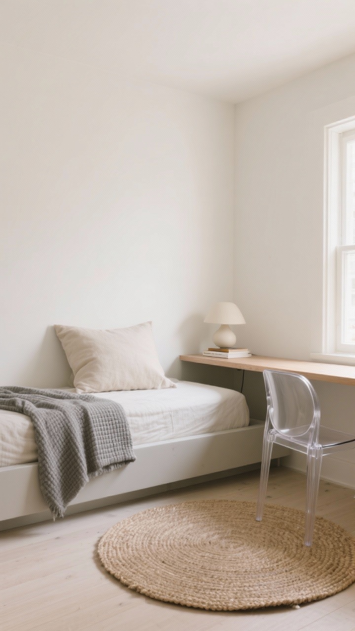 Wide shot, Soft Minimalist Sanctuary: a calm, airy small bedroom with warm white walls and a low-profile platform bed centered against the wall, dressed with a single oversized linen pillow and a fog-gray waffle throw; a sleek floating nightstand holds just the essentials (a sculptural lamp and a small book). Palette of bone, oat, and fog gray with gentle natural wood accents. A slim desk tucked under a window with a clear acrylic chair to visually expand space. A round jute rug softens edges. Soft natural daylight, uncluttered, photorealistic.