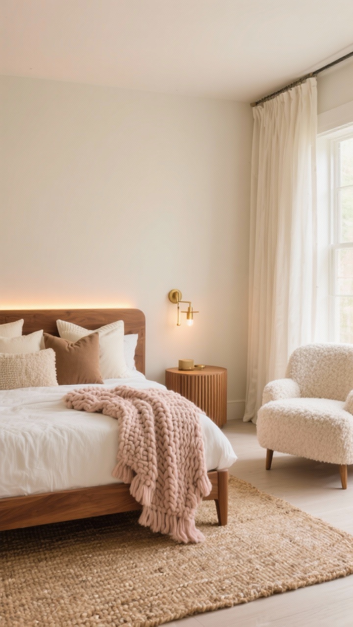 Wide shot, Soft Neutrals & Texture Haven: A calm, photorealistic bedroom with warm ivory walls, a caramel wood bed frame piled with textured throw pillows in cream, taupe, and blush. Chunky knit throw draped across the bed, woven jute rug underfoot. A bouclé accent chair in the corner, linen curtains glowing with natural light. Fluted nightstand with brass sconces above and warm LED strip lighting softly illuminating behind the headboard. Cozy, serene mood.