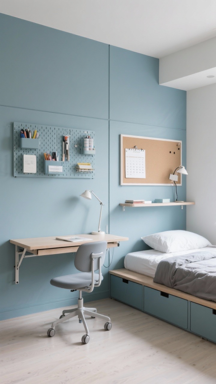 Wide shot: Space-optimized study suite with calming dusty blue walls divided into zones. A wall-mounted fold-down desk with a slim rolling chair and pegboard storage above neatly holding supplies. A platform bed with drawers for storage, a narrow shelf doubling as a headboard, and a pinboard calendar alongside a clip-on lamp for task lighting. Photorealistic, bright but calm study ambiance.