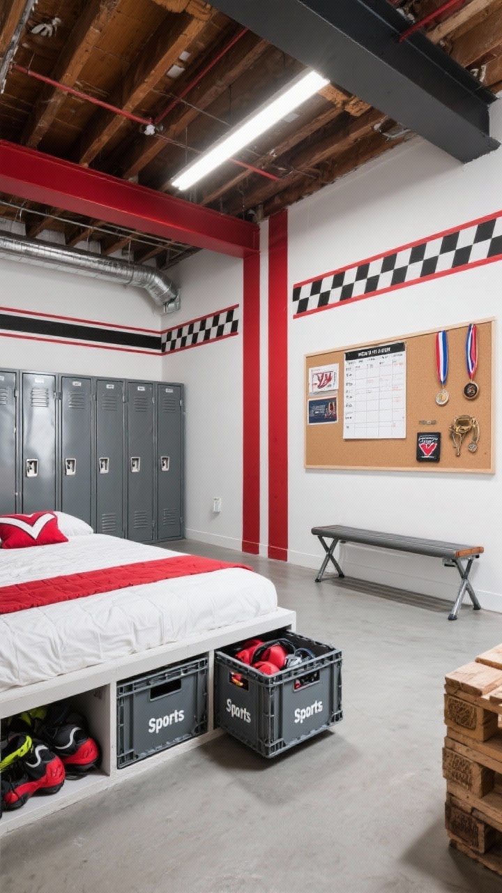 Wide shot, sporty loft with gear garage: under-bed area turned into a gear garage with sliding crates labeled by sport partially pulled out; row of matte steel lockers acting as a dresser along one wall; racing stripe painted down another wall; corkboard with schedules and medals; foldable bench tucked against the wall; palette slate, white, varsity red; energetic, practical lighting.