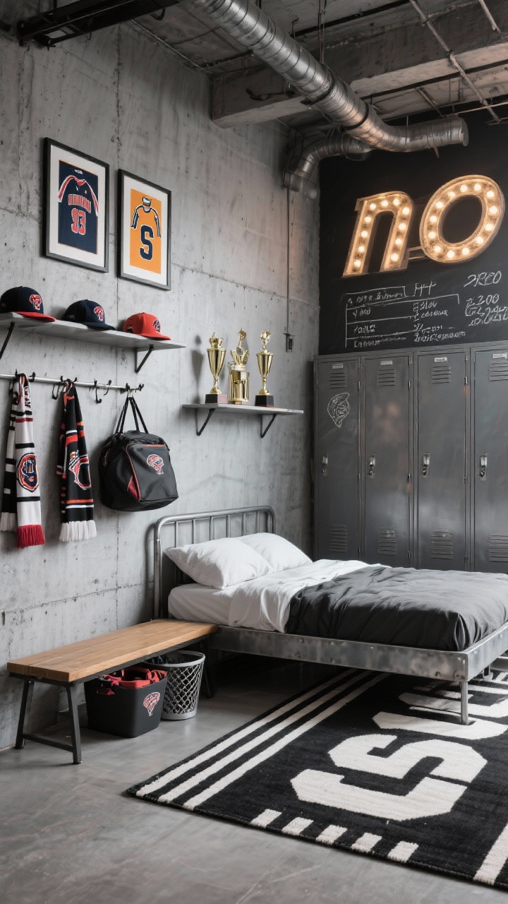 Wide shot, sporty urban locker room loft: concrete gray walls (or wallpaper), metal platform bed, locker-style wardrobe; peg rail with hats, bags, team scarves; framed jersey prints, trophies on floating shelves; bench at foot of bed, bin storage for gear; stadium-inspired marquee letter, chalkboard wall with handwritten stats; rug in black-and-white stripe or bold number graphic; industrial vibe; photorealistic.