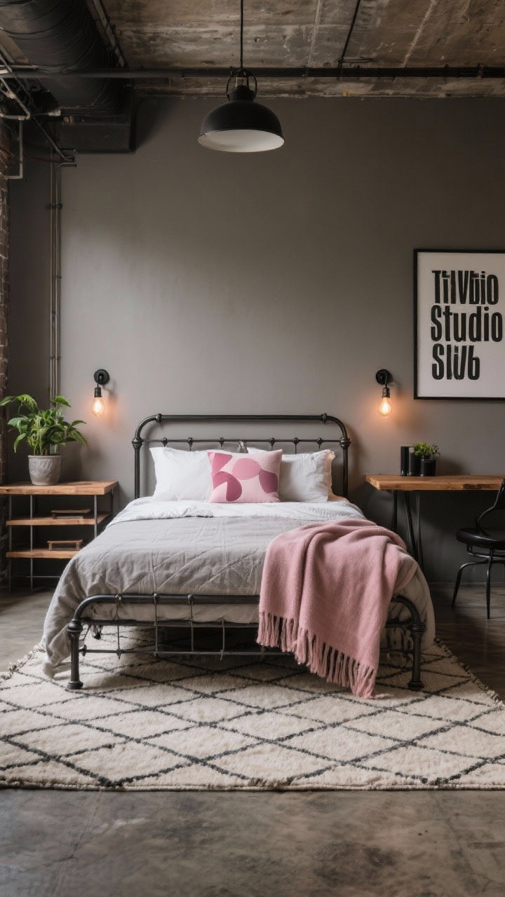 Wide shot, Studio Loft: urban bedroom with warm gray walls, iron bed frame; neutral geometric rug anchoring; blush throw and pink abstract pillows add color; exposed-bulb sconces flank bed; raw wood desk with metal shelf system; large typographic print and potted greenery provide edge; matte black hardware accents; palette greige, charcoal, blush, natural wood; photorealistic, moody industrial daylight.