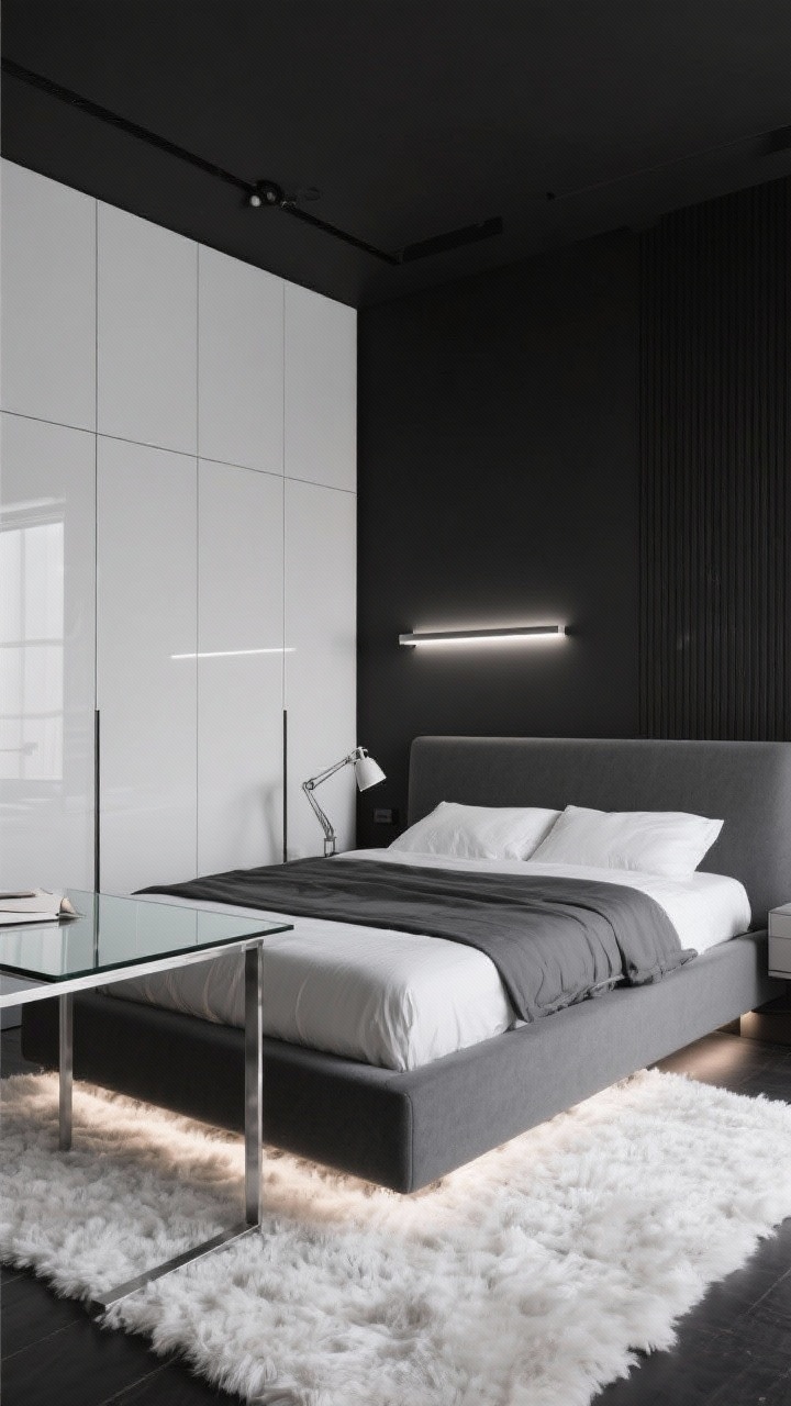 Wide straight-on view, Minimalist Monochrome with Edge: black-and-white scheme, platform bed in soft charcoal, glossy white wardrobe, slim metal desk with tempered glass top; lighting features a linear LED wall sconce above the headboard, under-bed LED strips creating a floating effect, and a pivoting arm lamp for reading; fuzzy white rug softens crisp geometry, clean yet cozy, photorealistic.