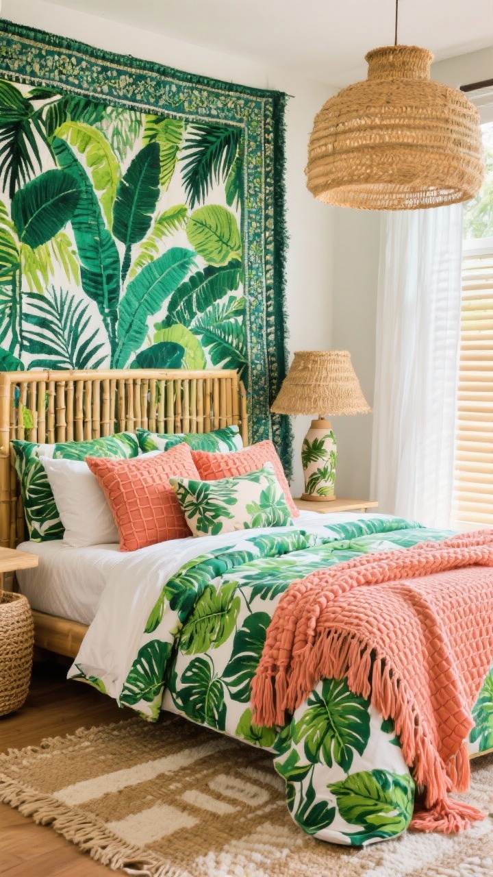 Wide tropical maximalist bedroom: bold emerald-and-lime leaf-print duvet, fringed cushions piled high, coral waffle throw draped across; bamboo blinds layered with sheer white panels; jute-and-cotton rug; large batik tapestry behind the bed as a statement wall; raffia lampshade and palm-print bolster accenting; colors emerald, lime, coral, sunshine; textures waffle weave, fringe, jute; bright, vacation-like daylight; photorealistic.