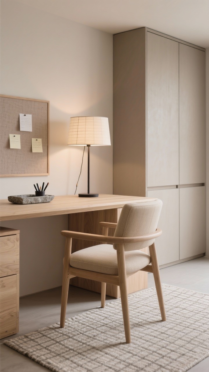 Zen Japandi workspace, serene closeup detail: light ash wood desk with a slim profile and a low-backed upholstered chair in oatmeal, palette of oatmeal, taupe, and ink; washi paper lamp casting soft diffused light, simple task lamp nearby; linen pinboard with minimal notes, stone tray neatly corralling pens; closed cabinets with smooth slab fronts in the background, flat-weave rug with a subtle grid pattern under the desk edge; uncluttered, balanced composition.