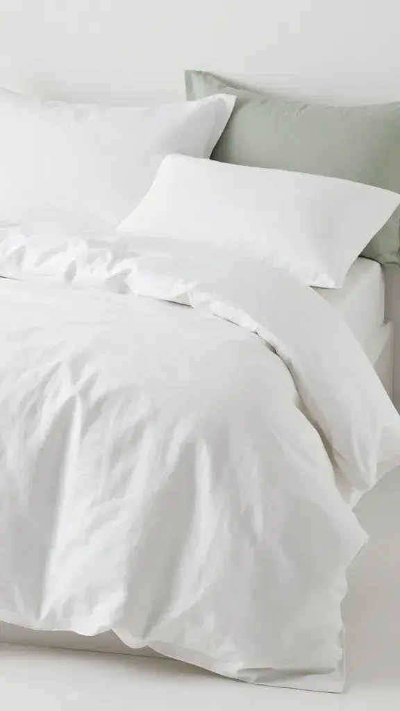 rumpled linen bedding in whites and muted sage