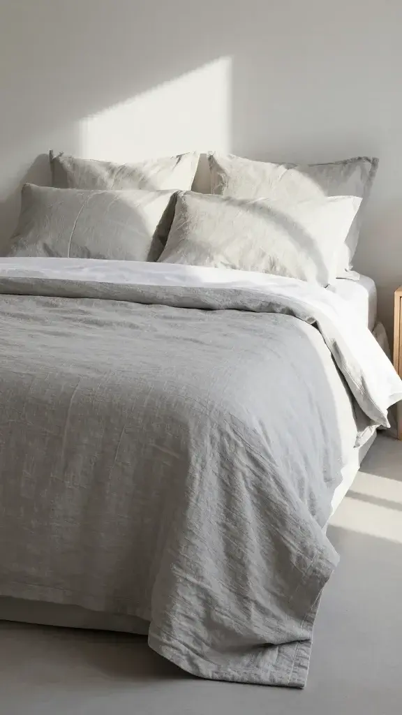 sunlit European bedroom with stone gray linen sheets