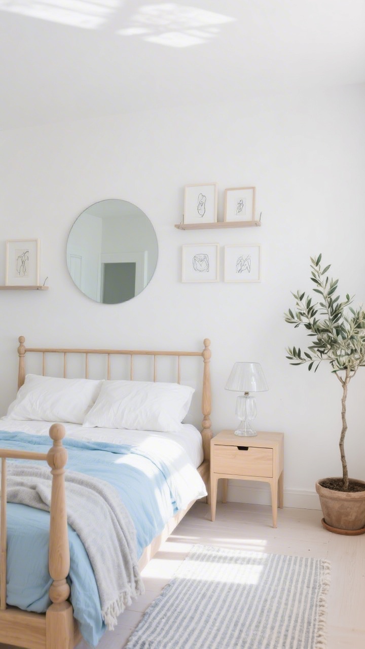 Airy medium shot of a light Scandinavian bedroom flooded with soft morning light: fresh white walls, blond ash spindle bed, pale blue accents. Powder blue duvet, white linen shams, light gray throw, striped cotton rug. A round mirror and floating shelves with a small cluster of framed line drawings. A potted olive tree in the corner, a clear glass table lamp on a nightstand. Clean lines, bright and breezy mood.