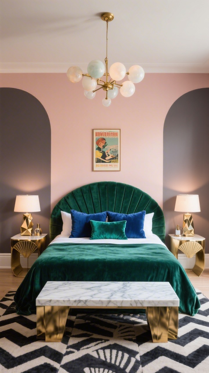 Dramatic wide shot of a modern Art Deco remix: curved velvet headboard in emerald or sapphire, brushed brass side tables, geometric lamps. Walls in soft blush/midnight/smoked taupe for contrast. Chevron or fan-pattern rug underfoot, marble accents on surfaces, and a statement chandelier with opal globes overhead. Velvet throw pillows and a framed vintage poster complete the scene. Polished, jewel-toned ambiance with refined lighting.