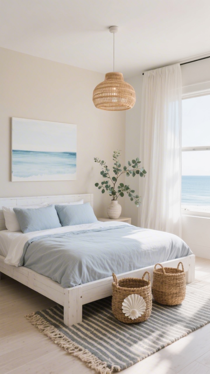 Medium, breezy coastal modern scene: soft sand walls, whitewashed wood bed, light blue-gray linen bedding. Woven baskets at the foot, a striped flatweave rug, and capiz shell or rattan pendant lighting casting a gentle shimmer. Minimal artwork—a horizon photo or pale blue watercolor—on the wall. Sheer curtains drifting at an open window, a eucalyptus branch in a vase adds a hint of green. Bright, airy daylight.
