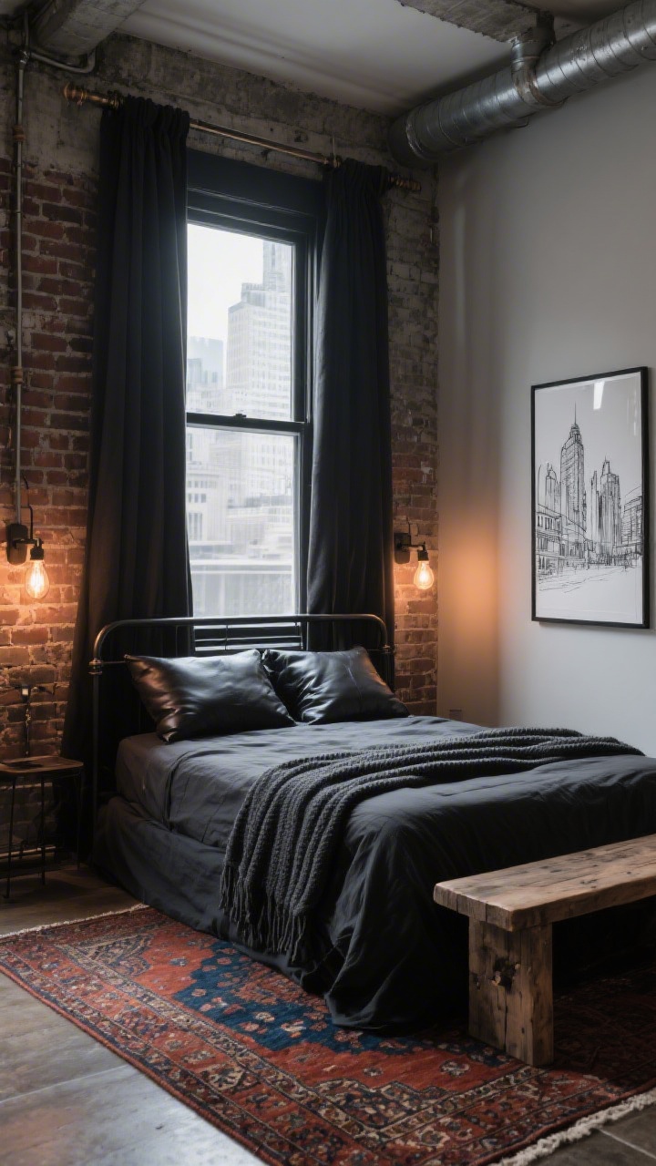 Medium corner shot of industrial cozy: exposed brick and a hint of concrete, pipe-style curtain rod above a tall window. Black metal bed, leather pillow shams, charcoal knit throw. Vintage Persian rug in rust and indigo warming the floor. Edison-bulb sconces, reclaimed wood bench at the foot of the bed. Minimal art—architectural sketches/black-and-white city photos. Moody yet inviting lighting.