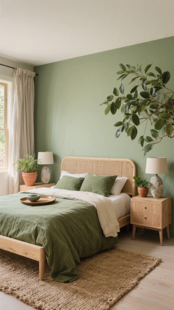 Medium shot highlighting organic modern with earthy greens: sage/eucalyptus painted walls, light oak bed, cane-paneled nightstands. Moss-toned bedding layered with sand and cream. Stone lamps on nightstands, a ceramic tray, and leafy plants in terracotta pots. Underfoot, a jute-and-wool rug; linen curtains at the window filtering warm daylight. Fresh, soothing atmosphere.