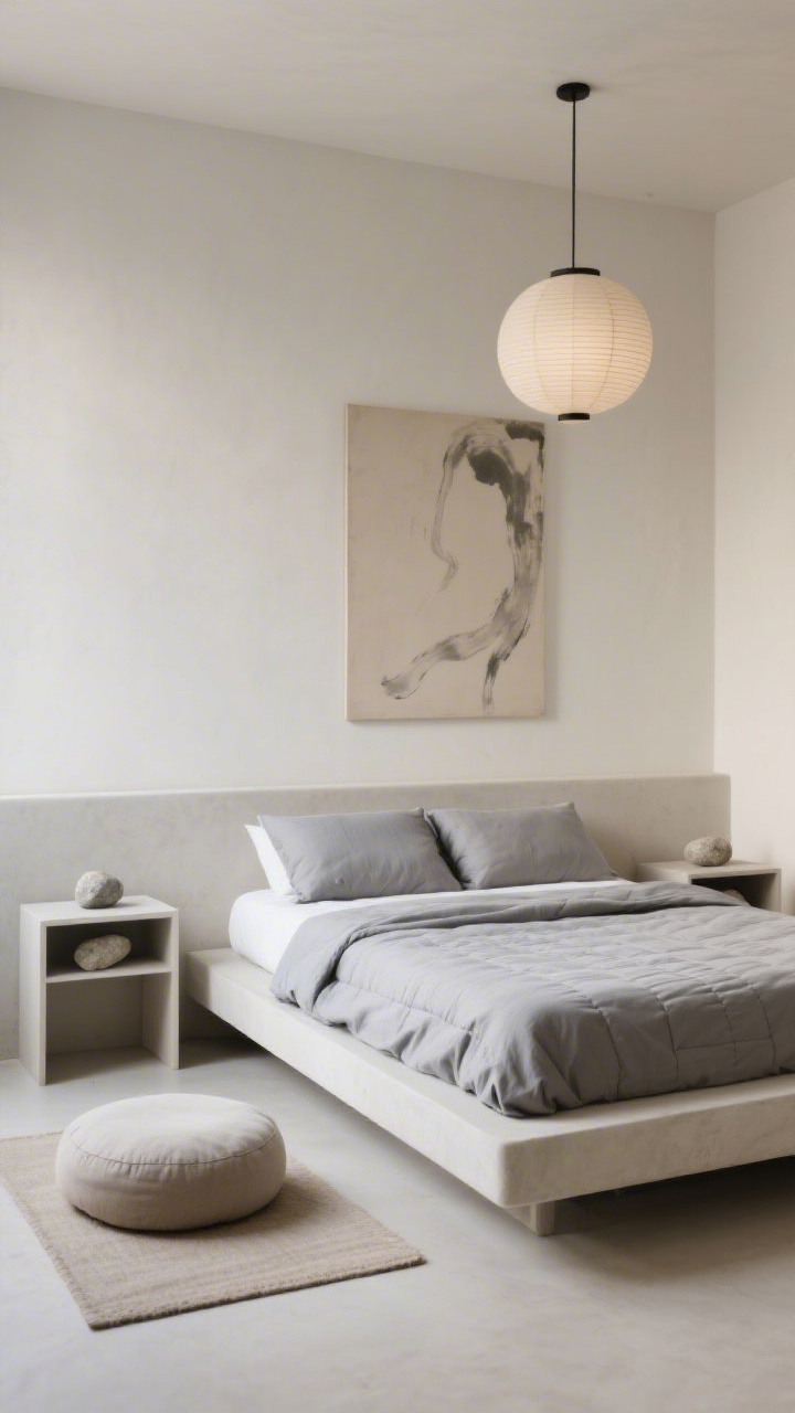 Minimalist detail/medium hybrid of contemporary Zen: low platform bed close to the floor against pale plaster-toned walls. Hidden storage elements kept out of sight; slim nightstands each with a single stone or ceramic accent. Pebble gray cotton sateen bedding with a thin quilt. A paper lantern pendant overhead, a meditation cushion on the floor, and one large neutral brushstroke art print. Calm, balanced, uncluttered composition with soft ambient light.