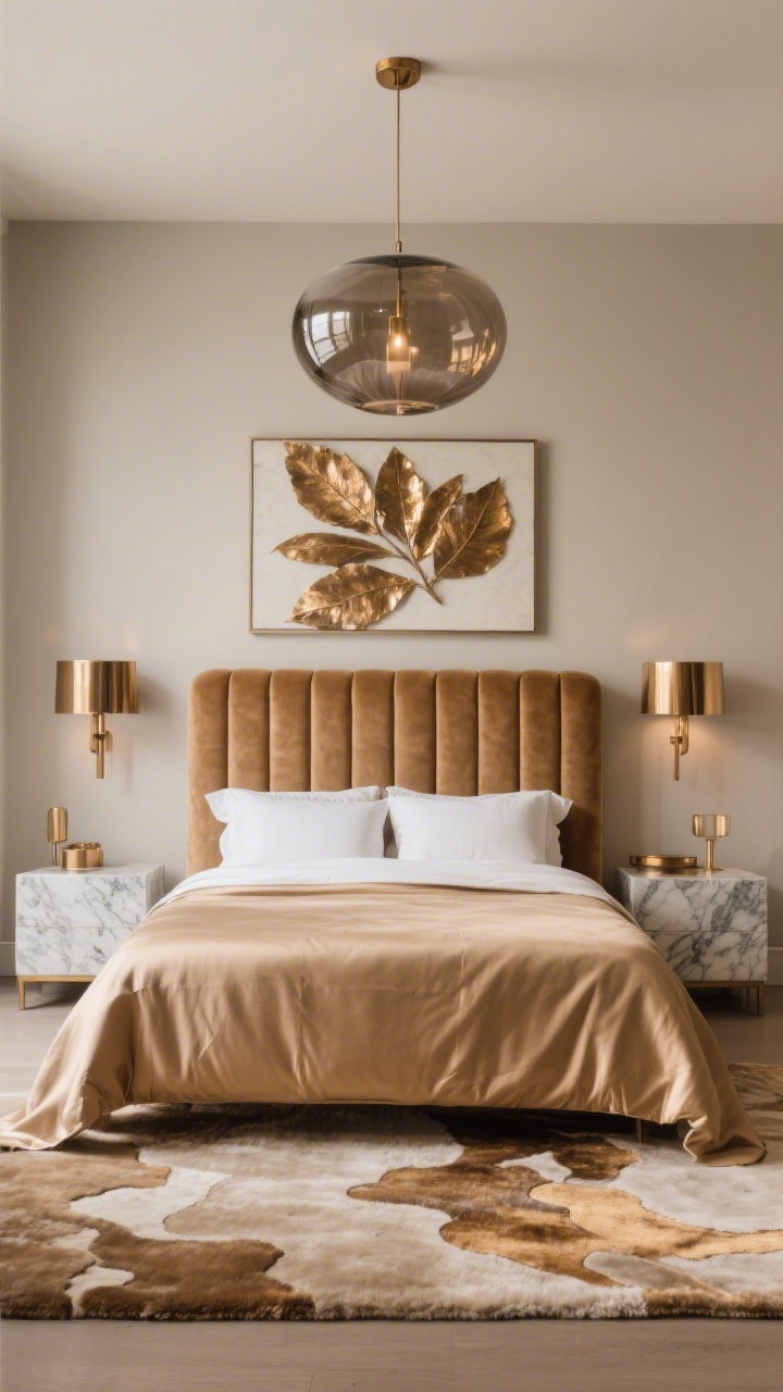 Wide shot of a warm neutrals + bronze glam bedroom: greige walls, camel velvet channel-tufted headboard, brushed bronze sconces above veined marble side tables. Silky champagne-hued bedding, plush cut-pile rug underfoot. Abstract art with metallic leaf detailing above the bed. A smoked-glass pendant overhead. Sophisticated, warm glow with subtle metallic reflections.