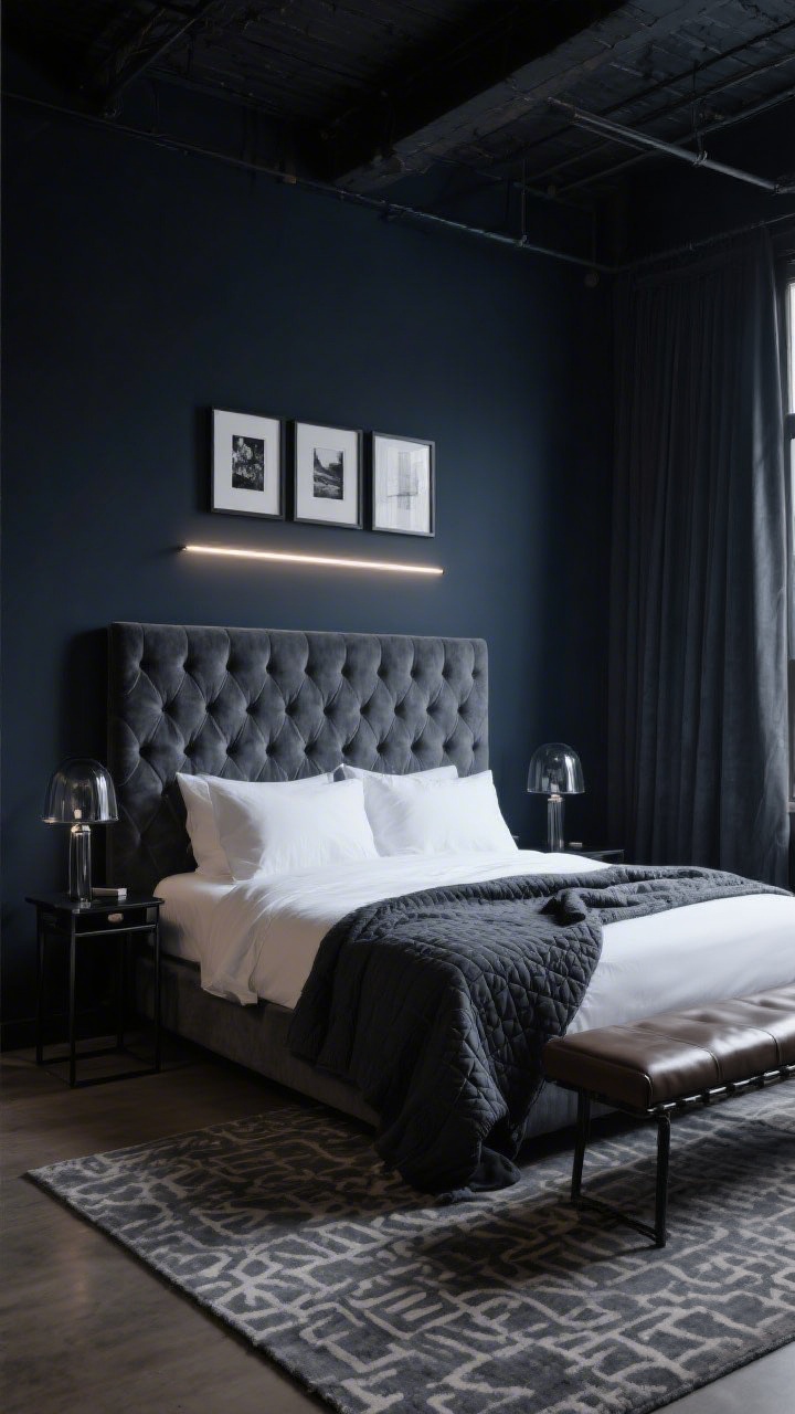 Wide, straight-on view of a moody charcoal loft bedroom: walls in deep charcoal/blue-black, a slate tufted velvet headboard, matte black metal side tables, and smoked-glass lamps. Bed dressed with crisp white percale sheets and a charcoal quilt folded at the foot. Add a leather bench at the end, a monochrome gallery wall above, and a linear LED strip glowing subtly behind the headboard. Patterned gray rug and blackout drapes complete the boutique-hotel vibe. Low, dramatic lighting.